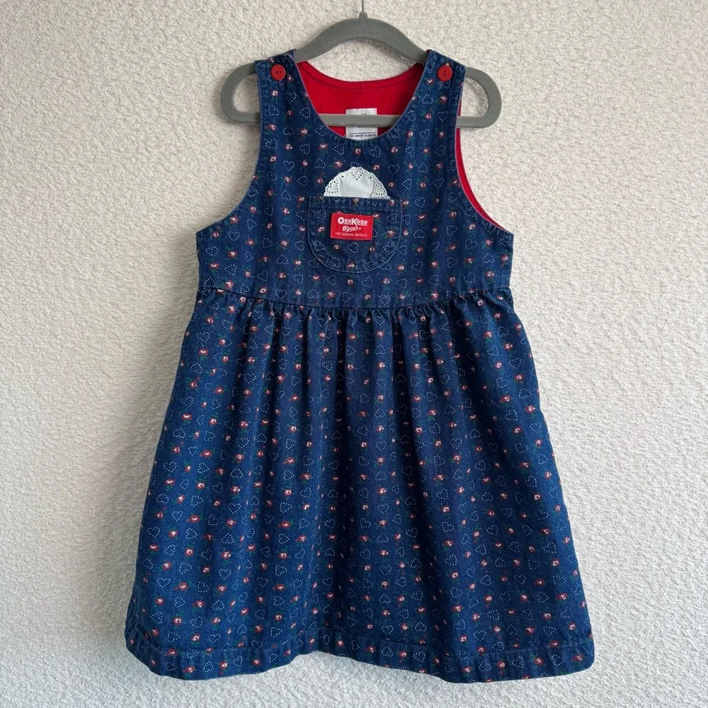 Vintage‎ Osh Kosh B’Gosh Denim Jumper Dress Red White Floral Heart Print Size 6
